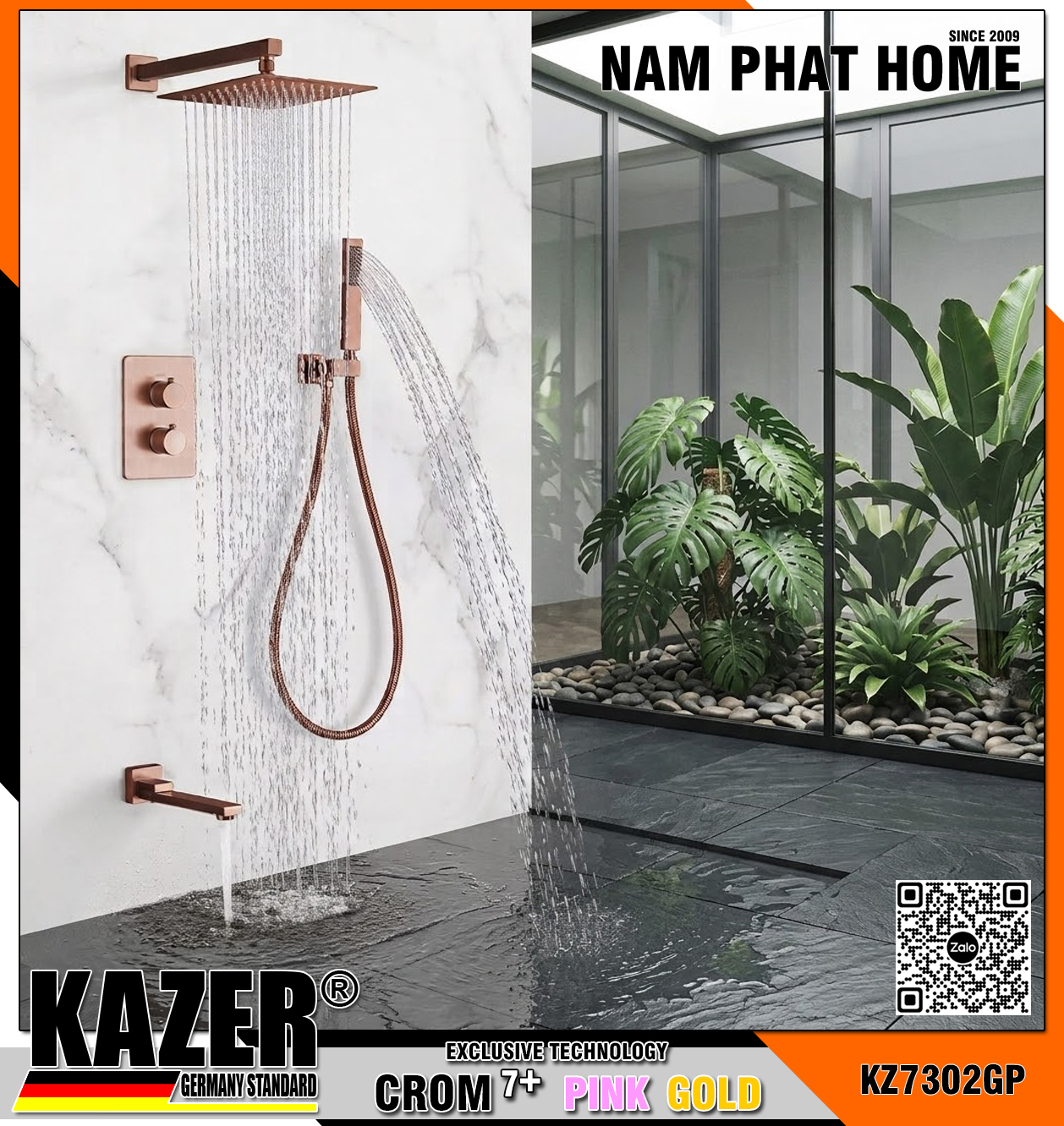 KZ7302GP – SEN TẮM ÂM TƯỜNG - ÂM TRẦN KAZER, MẠ CROM 7+ PINK GOLD