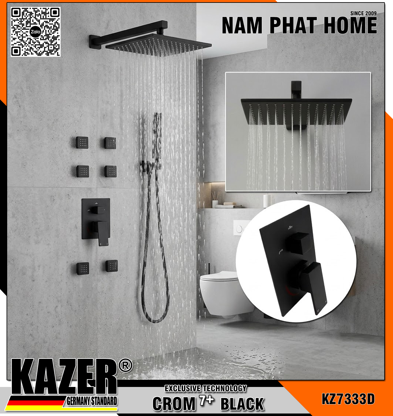 KZ7333D – SEN TẮM ÂM TƯỜNG - ÂM TRẦN KAZER, MẠ CROM 7+ BLACK