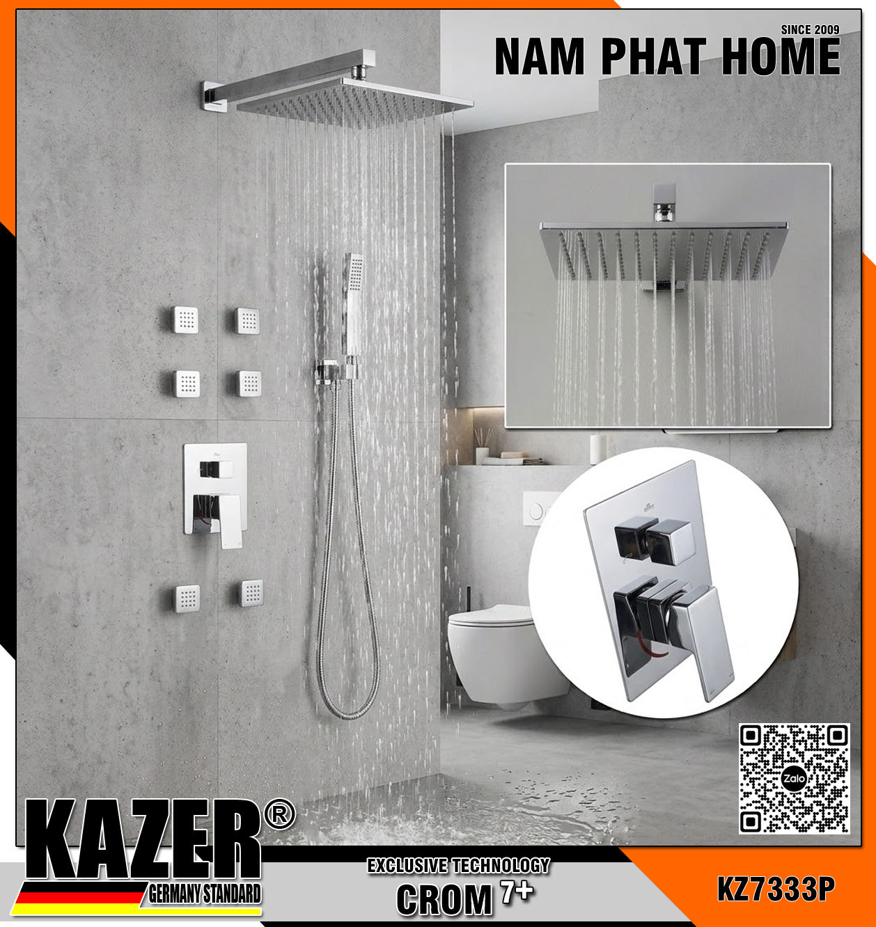 KZ7333P– SEN TẮM ÂM TƯỜNG - ÂM TRẦN KAZER, MẠ CROM 7+