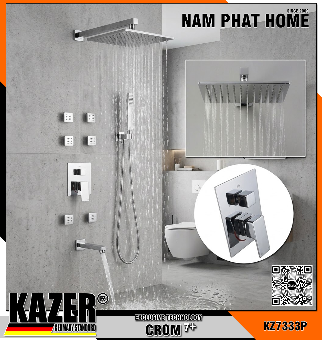 KZ7333P– SEN TẮM ÂM TƯỜNG - ÂM TRẦN KAZER, MẠ CROM 7+
