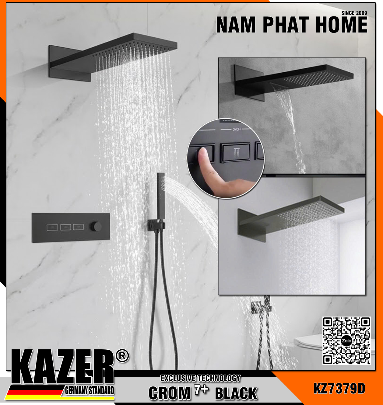 KZ7379D – SEN TẮM ÂM TƯỜNG - ÂM TRẦN KAZER, MẠ CROM 7+ BLACK