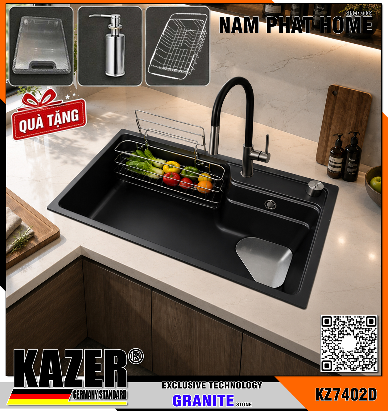 KZ7402D-7848 -  CHẬU RỬA CHÉN ĐÁ GRANITE 1 HỘC, MÀU ĐEN