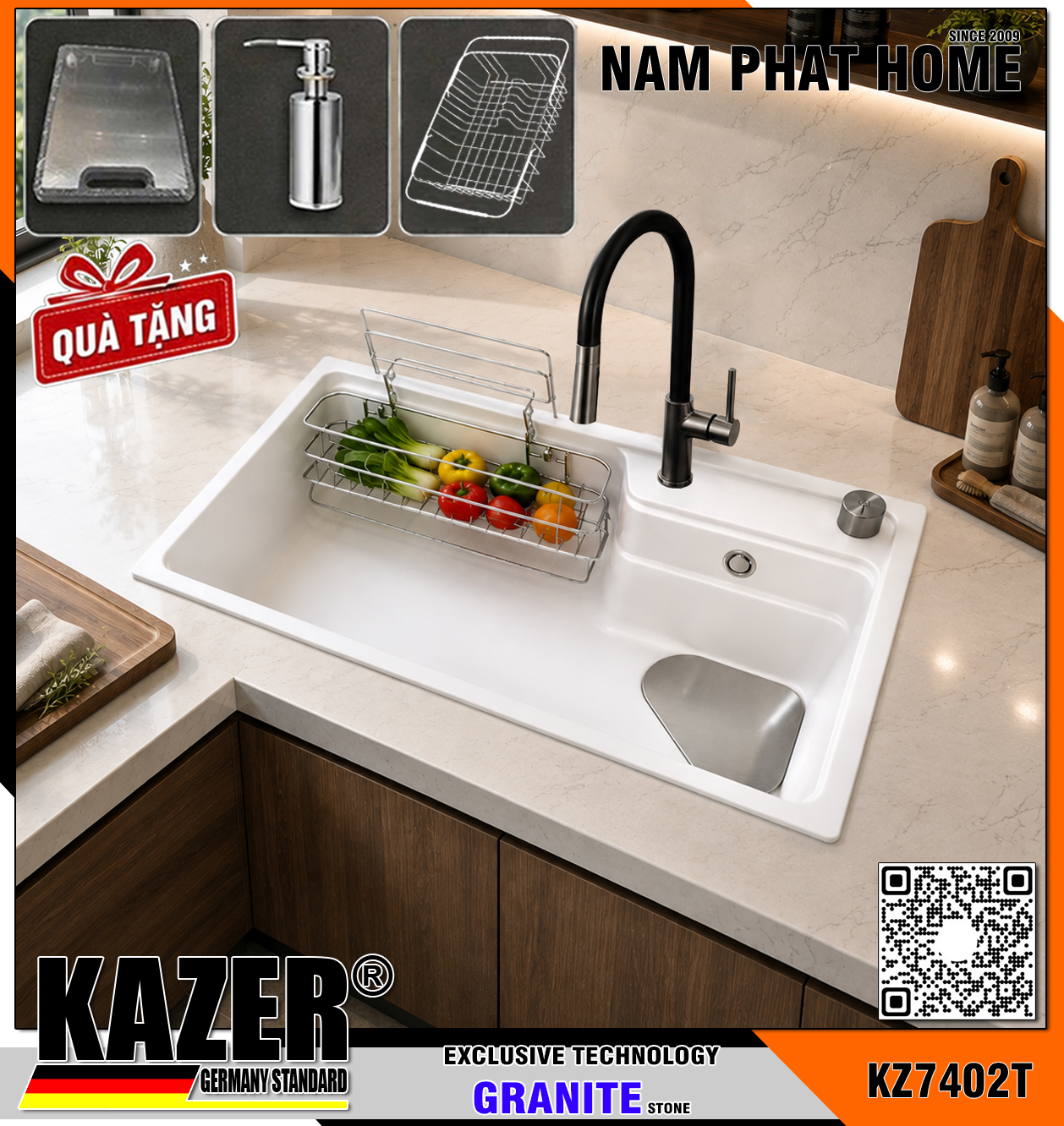 KZ7402T-7848 -  CHẬU RỬA CHÉN ĐÁ GRANITE 1 HỘC, MÀU TRẮNG