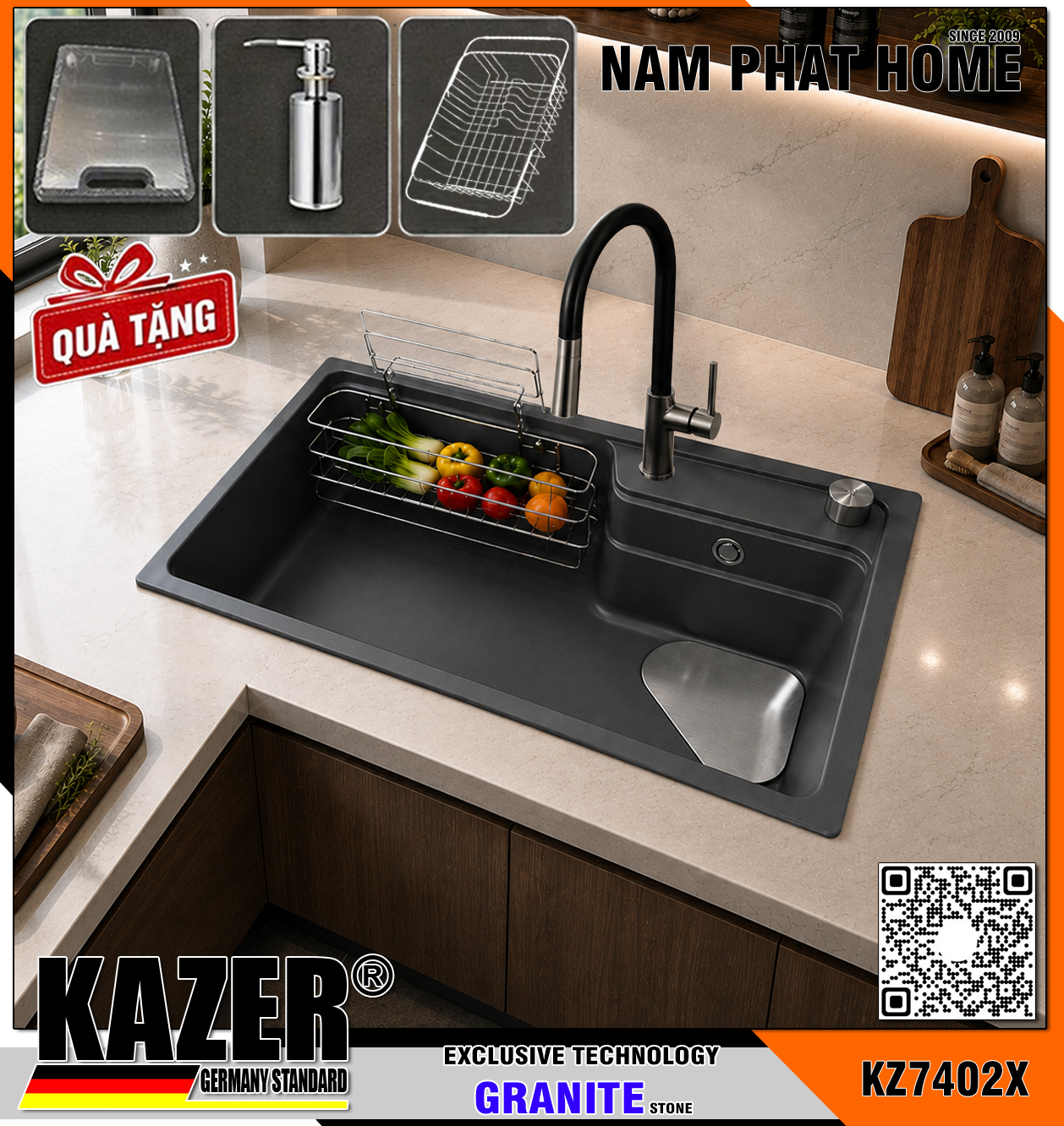 KZ7402X-7848 -  CHẬU RỬA CHÉN ĐÁ GRANITE 1 HỘC, MÀU XÁM