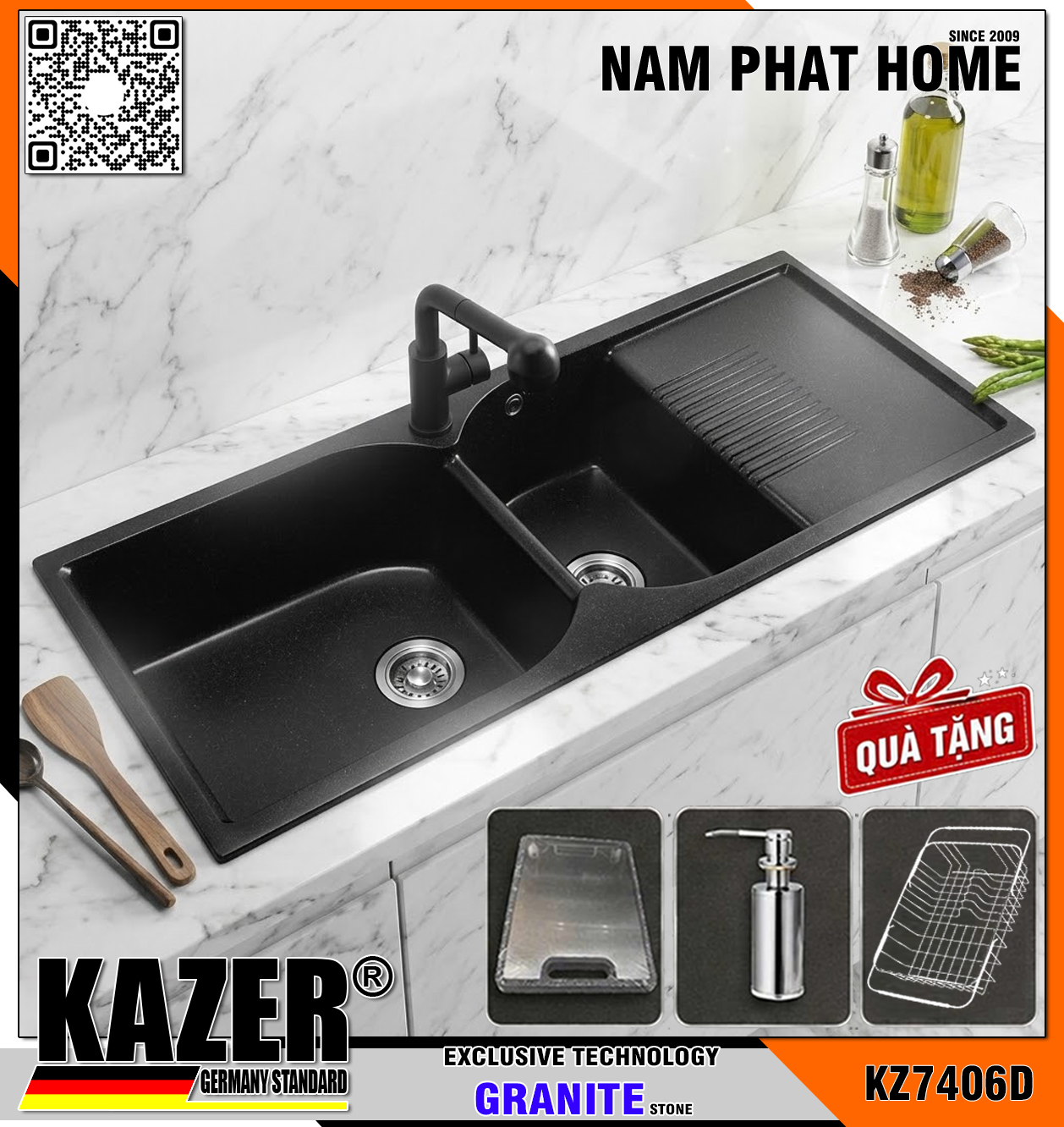 KZ7406D -  CHẬU RỬA CHÉN ĐÁ GRANITE 2 HỘC 1 CÁNH, MÀU ĐEN