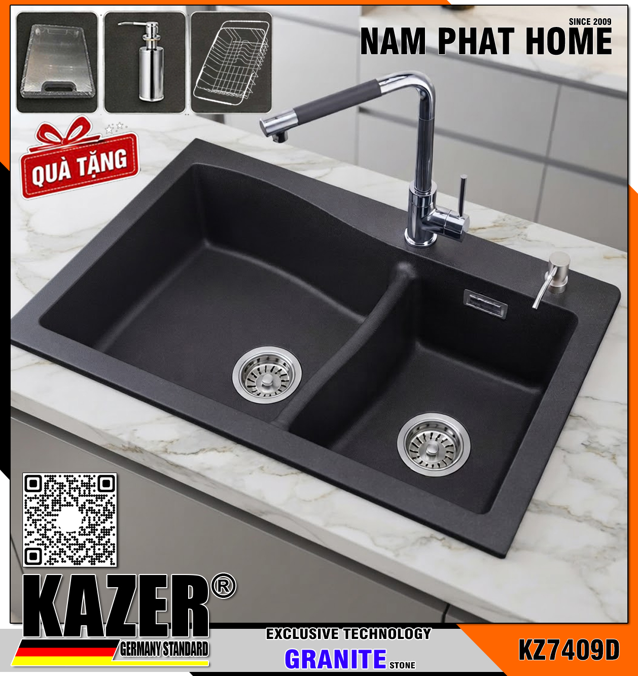 KZ7409D -  CHẬU RỬA CHÉN ĐÁ GRANITE 2 HỘC, MÀU ĐEN