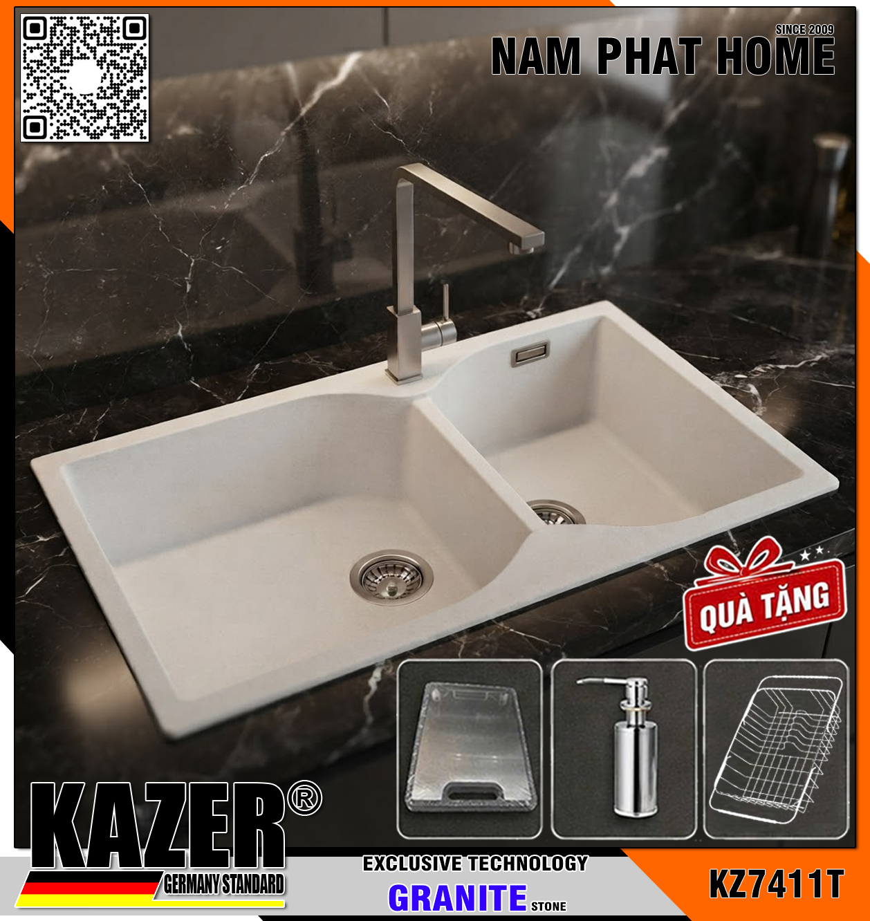 KZ7411T-8745 -  CHẬU RỬA CHÉN ĐÁ GRANITE MÀU TRẮNG, 2 HỘC LỆCH