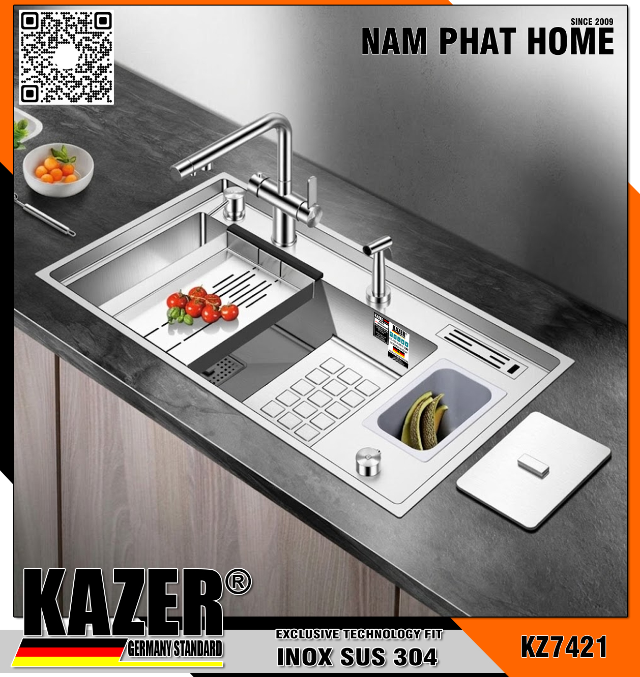 KZ7421 - CHẬU RỬA CHÉN 1 HỘC KAZER, INOX 304  CHUẨN NGUYÊN CHẤT - XU HƯỚNG