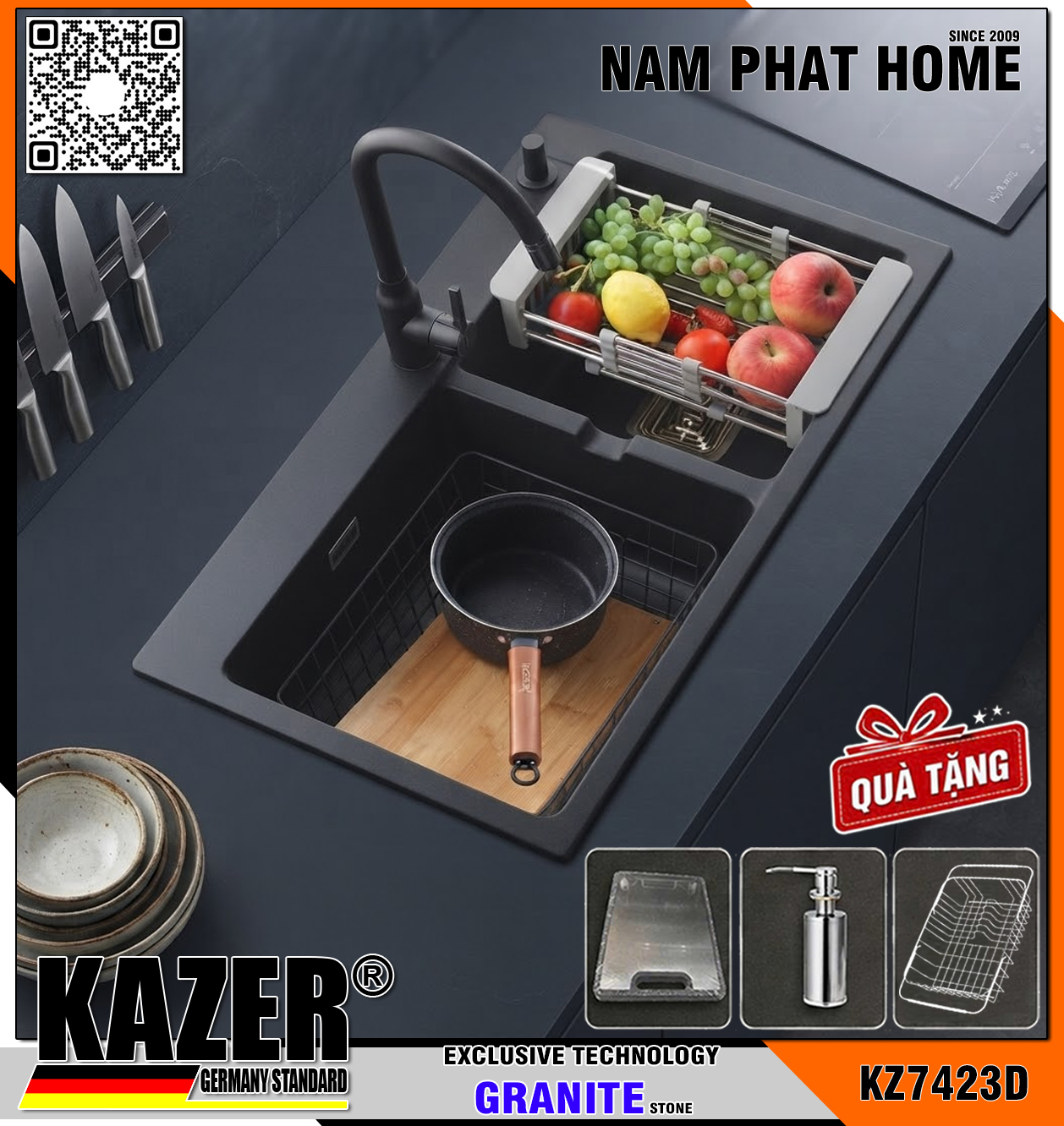KZ7423D -  CHẬU RỬA CHÉN ĐÁ GRANITE 2 HỘC, MÀU ĐEN