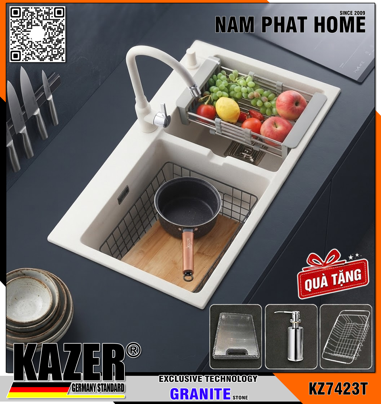 KZ7423T -  CHẬU RỬA CHÉN ĐÁ GRANITE 2 HỘC, MÀU TRẮNG