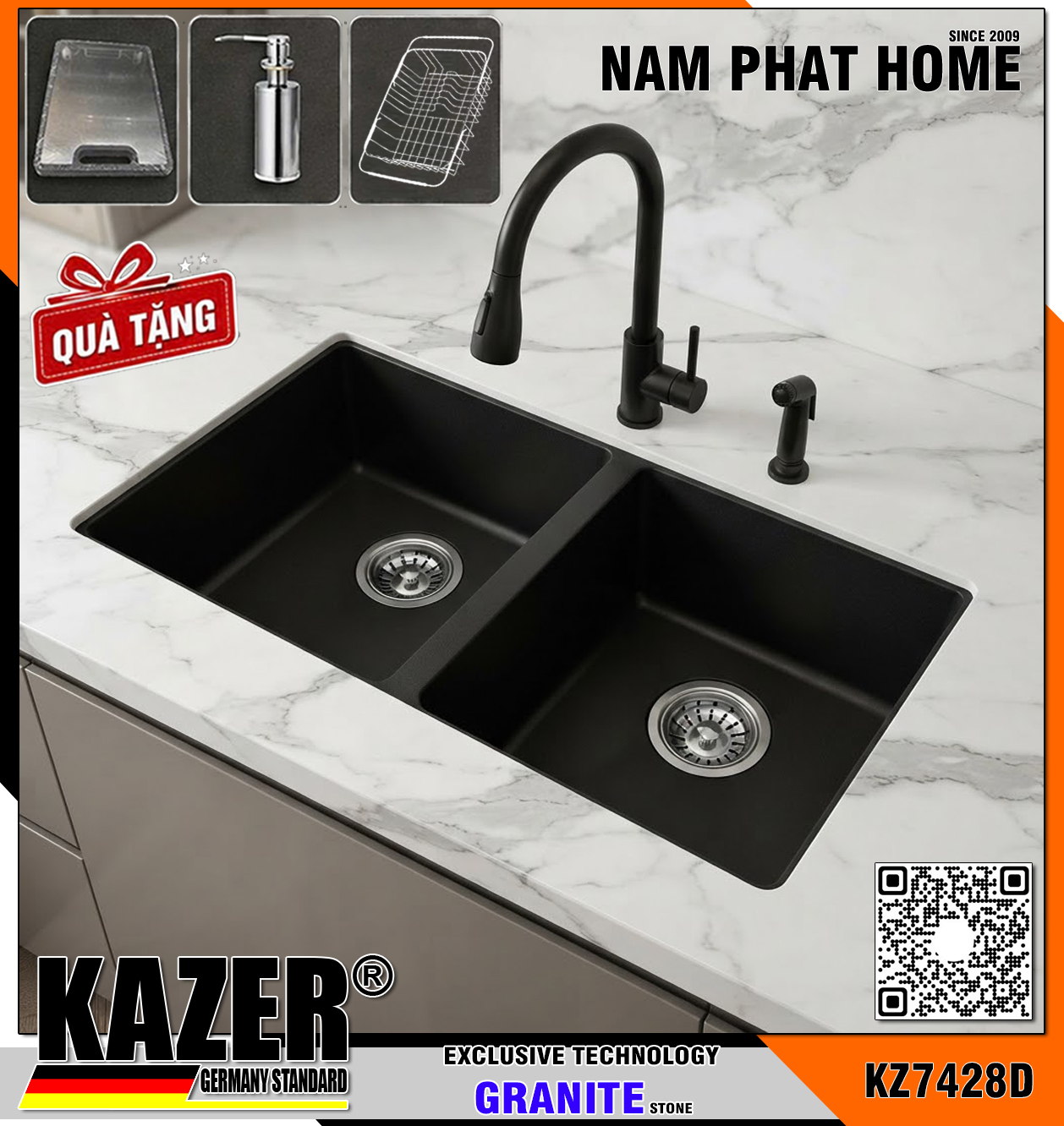 KZ7428D -  CHẬU RỬA CHÉN ĐÁ GRANITE 2 HỘC ĐỀU MÀU ĐEN