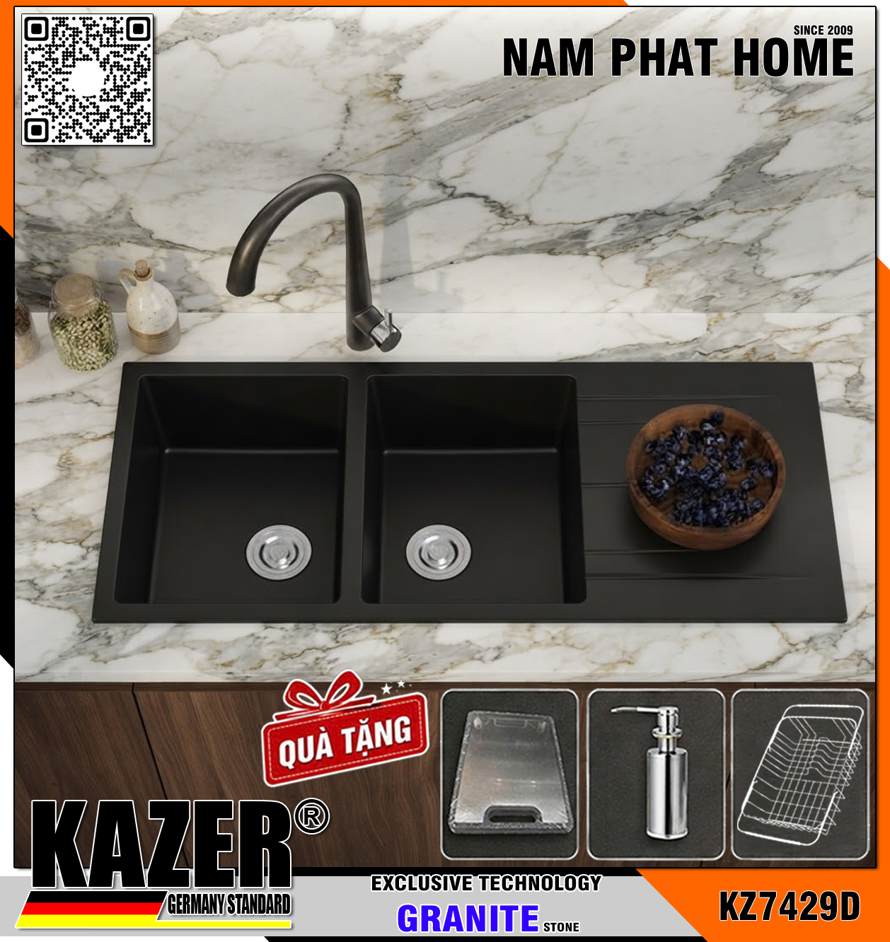 KZ7429D -  CHẬU RỬA CHÉN ĐÁ GRANITE 2 HỘC 1 CÁNH, MÀU ĐEN