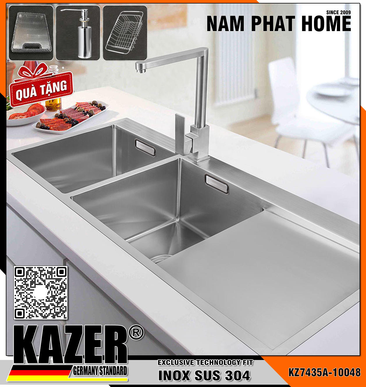 KZ7435A-10048 - BỒN RỬA CHÉN 2 HỘC KAZER, INOX ĐÚC NHẬP KHẨU 304