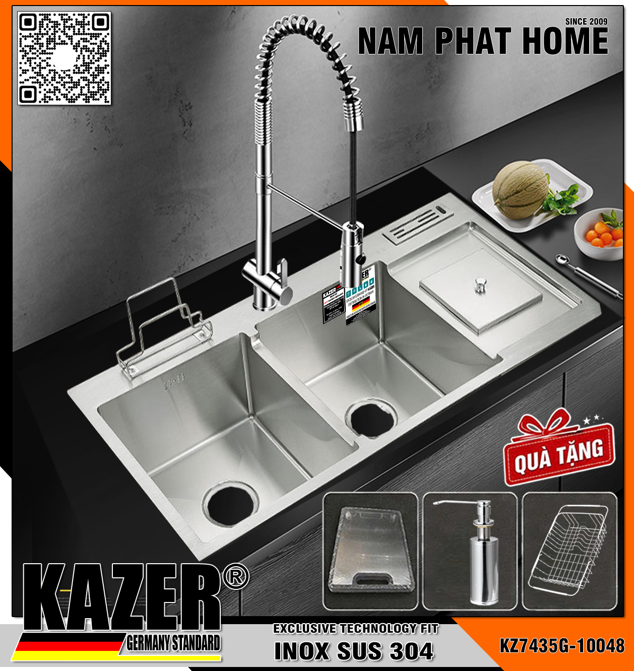 KZ7435G-10048 - BỒN RỬA CHÉN 2 HỘC KAZER, INOX ĐÚC NHẬP KHẨU 304