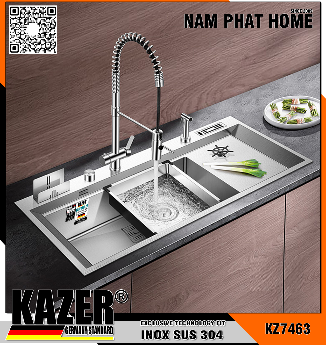 KZ7463 - CHẬU RỬA CHÉN 1 HỘC KAZER, INOX 304  CHUẨN NGUYÊN CHẤT - XU HƯỚNG 