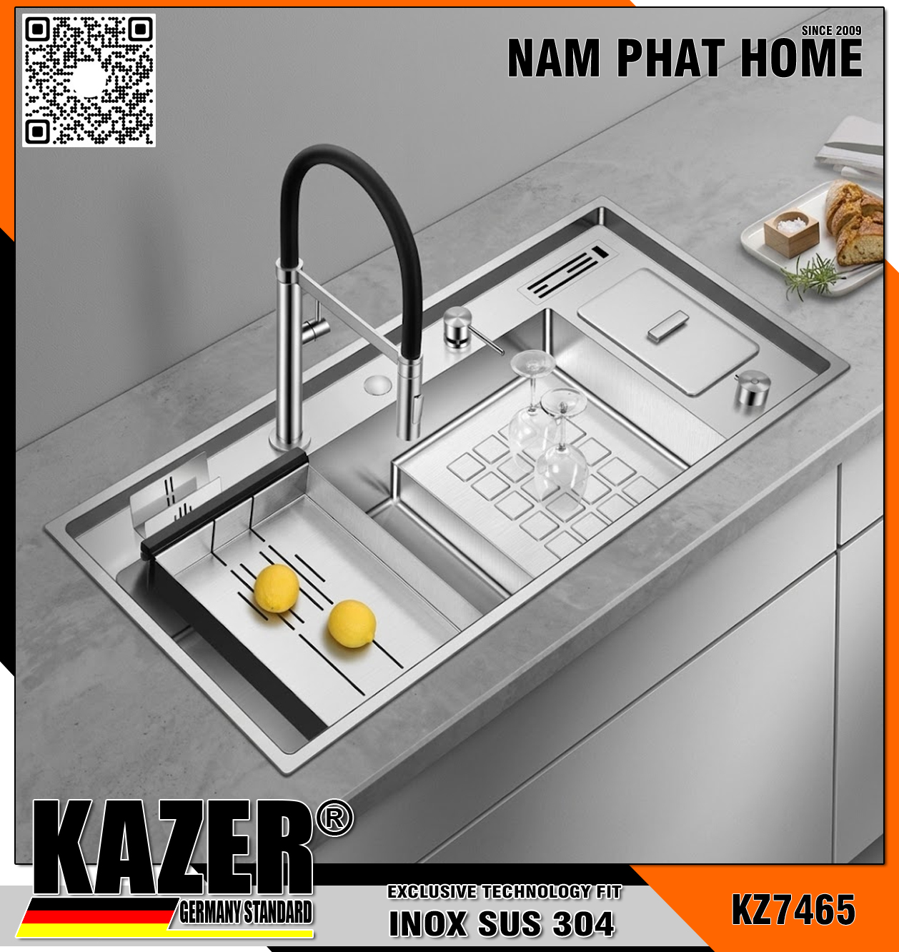 KZ7465 - CHẬU RỬA CHÉN 1 HỘC KAZER, INOX 304  CHUẨN NGUYÊN CHẤT - XU HƯỚNG