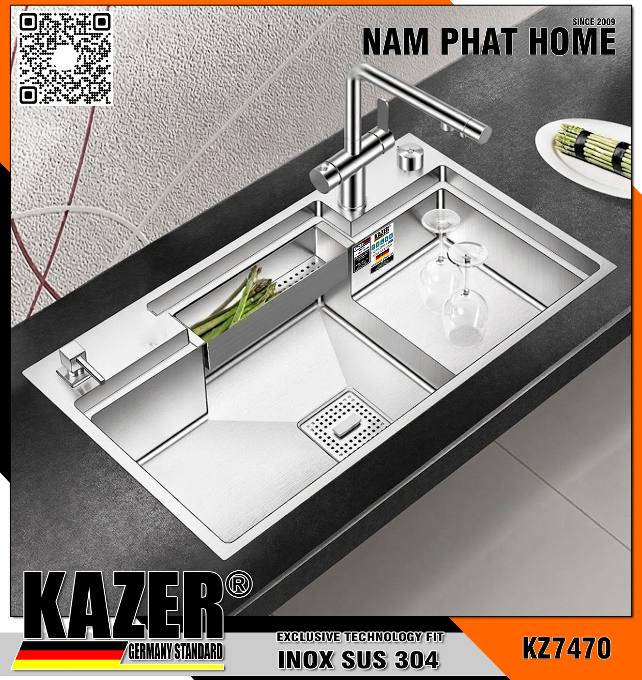 KZ7470 - CHẬU RỬA CHÉN 1 HỘC KAZER, INOX 304  CHUẨN NGUYÊN CHẤT - XU HƯỚNG