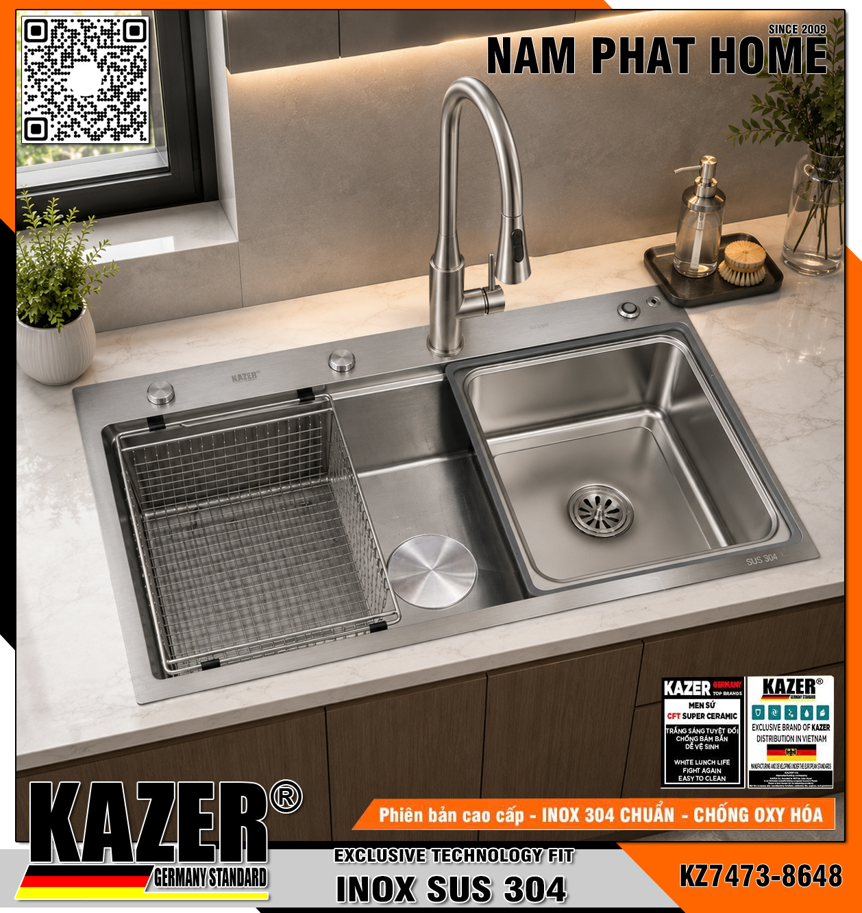 KZ7401M - BỒN RỬA CHÉN 1 HỘC KAZER, INOX ĐÚC NHẬP KHẨU 304 , PHỦ FULL CARBON, 86x48cm