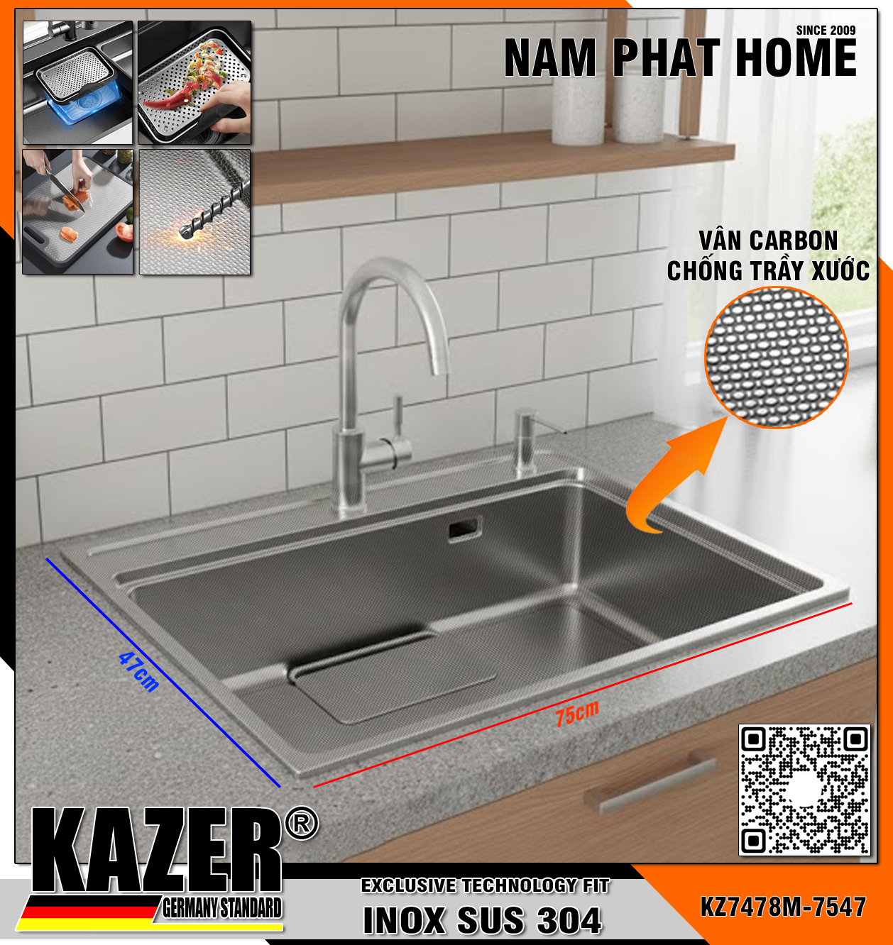 KZ7478M -7547- BỒN RỬA CHÉN 1 HỘC KAZER, INOX MỜ  ĐÚC NHẬP KHẨU 304 