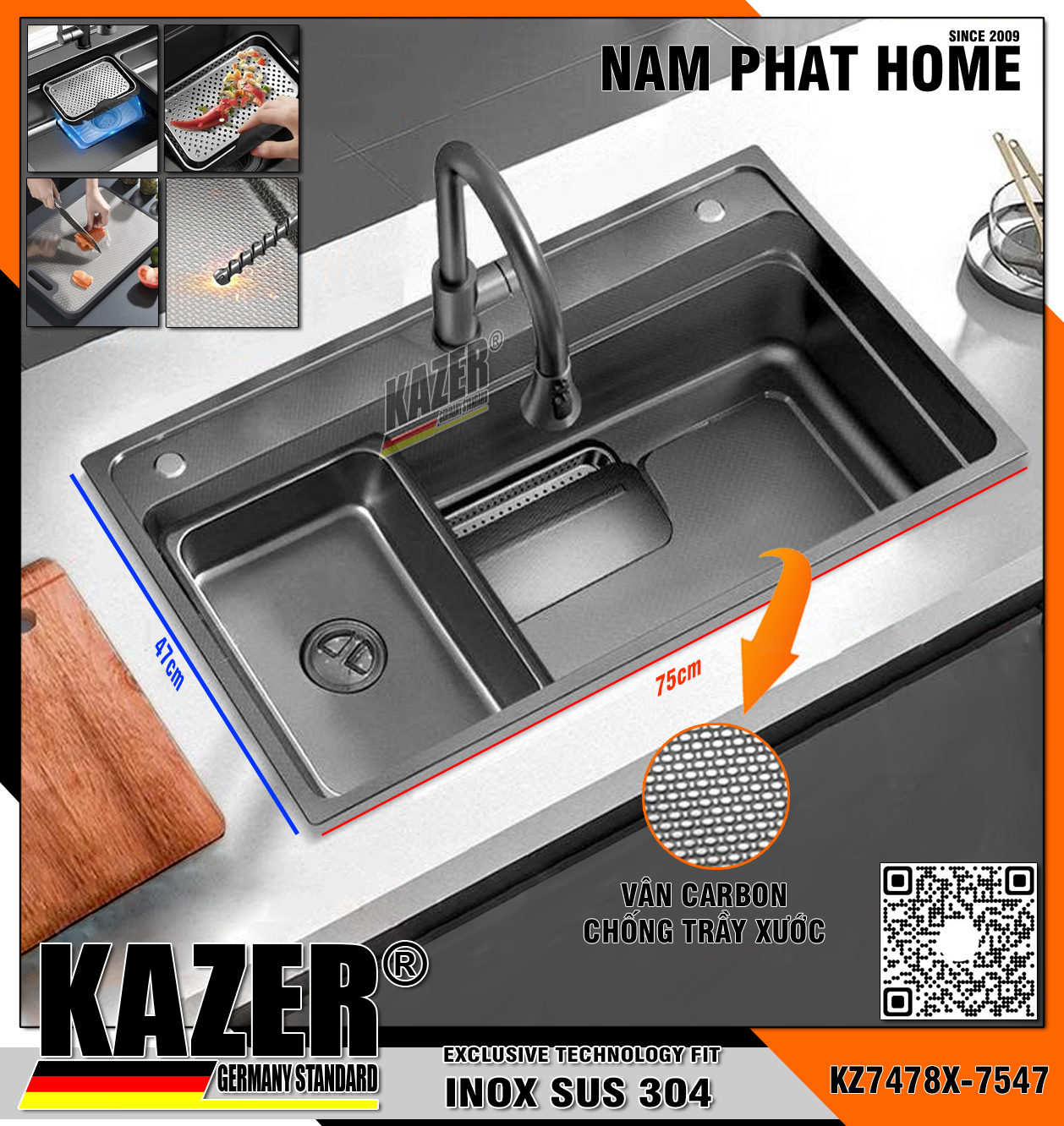 KZ7478X -7547- BỒN RỬA CHÉN 1 HỘC KAZER, INOX ĐÚC NHẬP KHẨU 304 