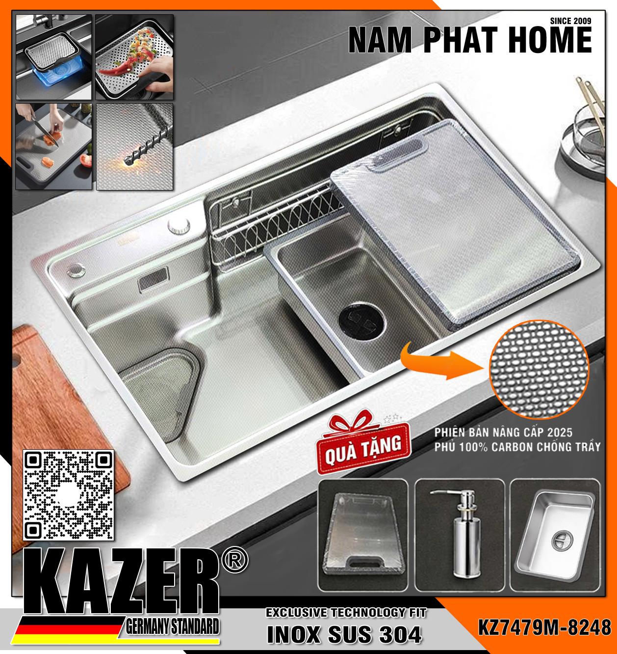 KZ7479M -8248- BỒN RỬA CHÉN 1 HỘC KAZER, INOX ĐÚC NHẬP KHẨU 304 