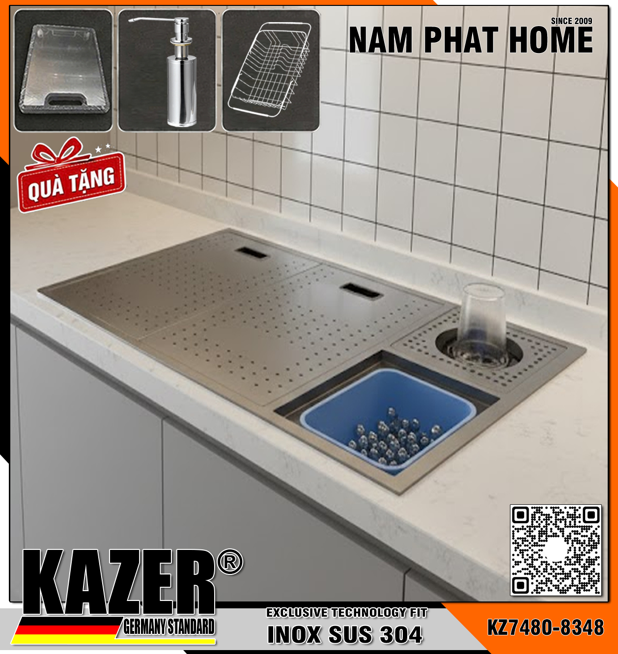 KZ7480-8348 - CHẬU RỬA CHÉN 1 HỘC INOX 304 CHUẨN NGUYÊN CHẤT, KÈM VÒI RỬA ÂM CHẬU - SIZE 830x480mm