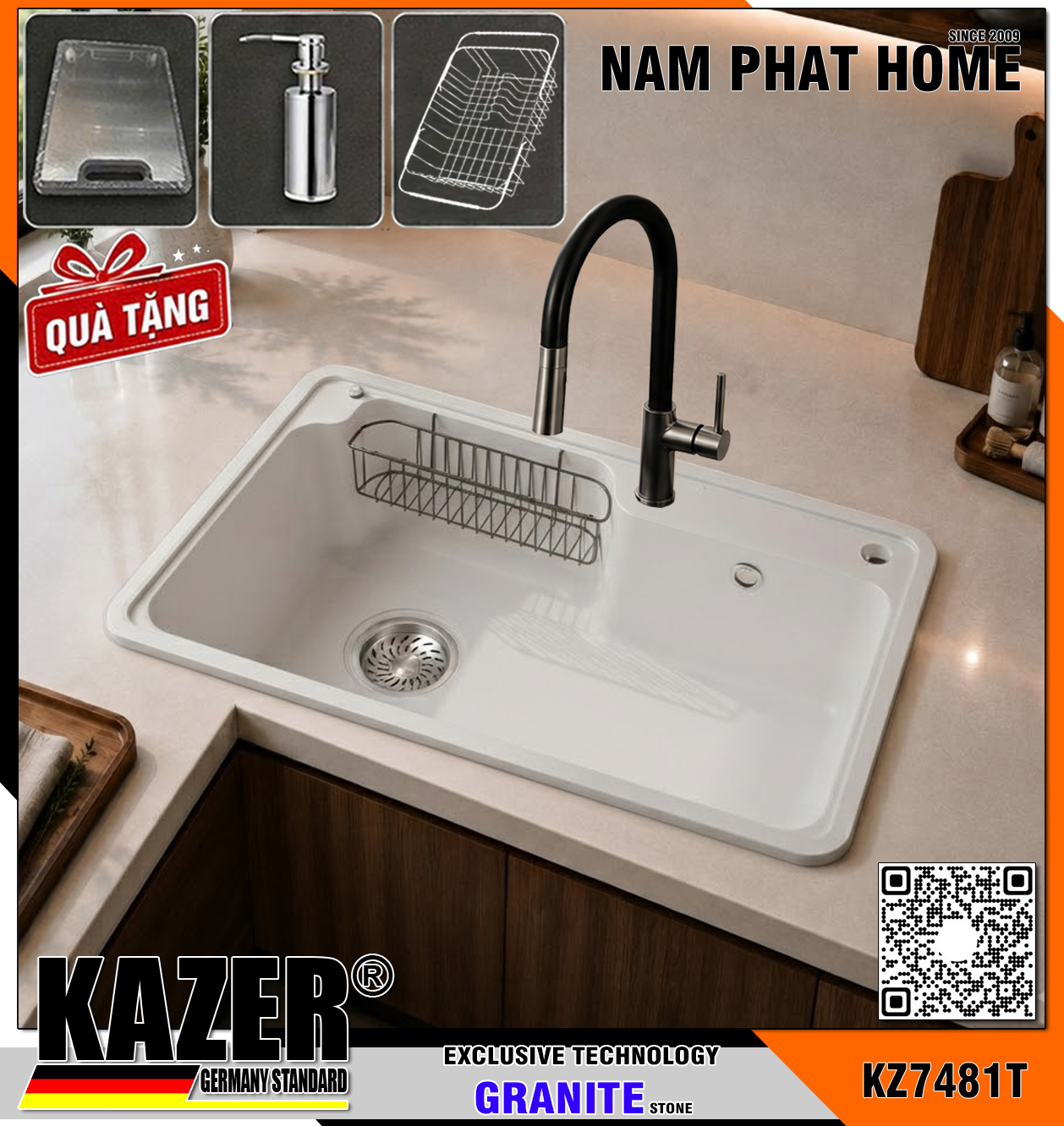 KZ7481T-7848 -  CHẬU RỬA CHÉN ĐÁ GRANITE 1 HỘC, MÀU TRẮNG