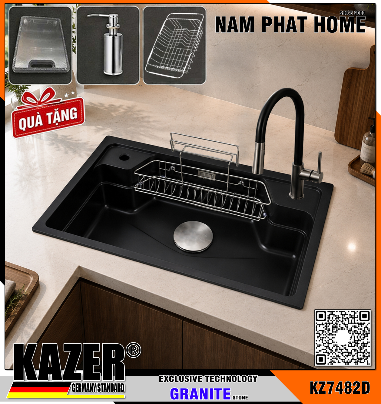KZ7482D-8050 -  CHẬU RỬA CHÉN ĐÁ GRANITE 1 HỘC, MÀU ĐEN