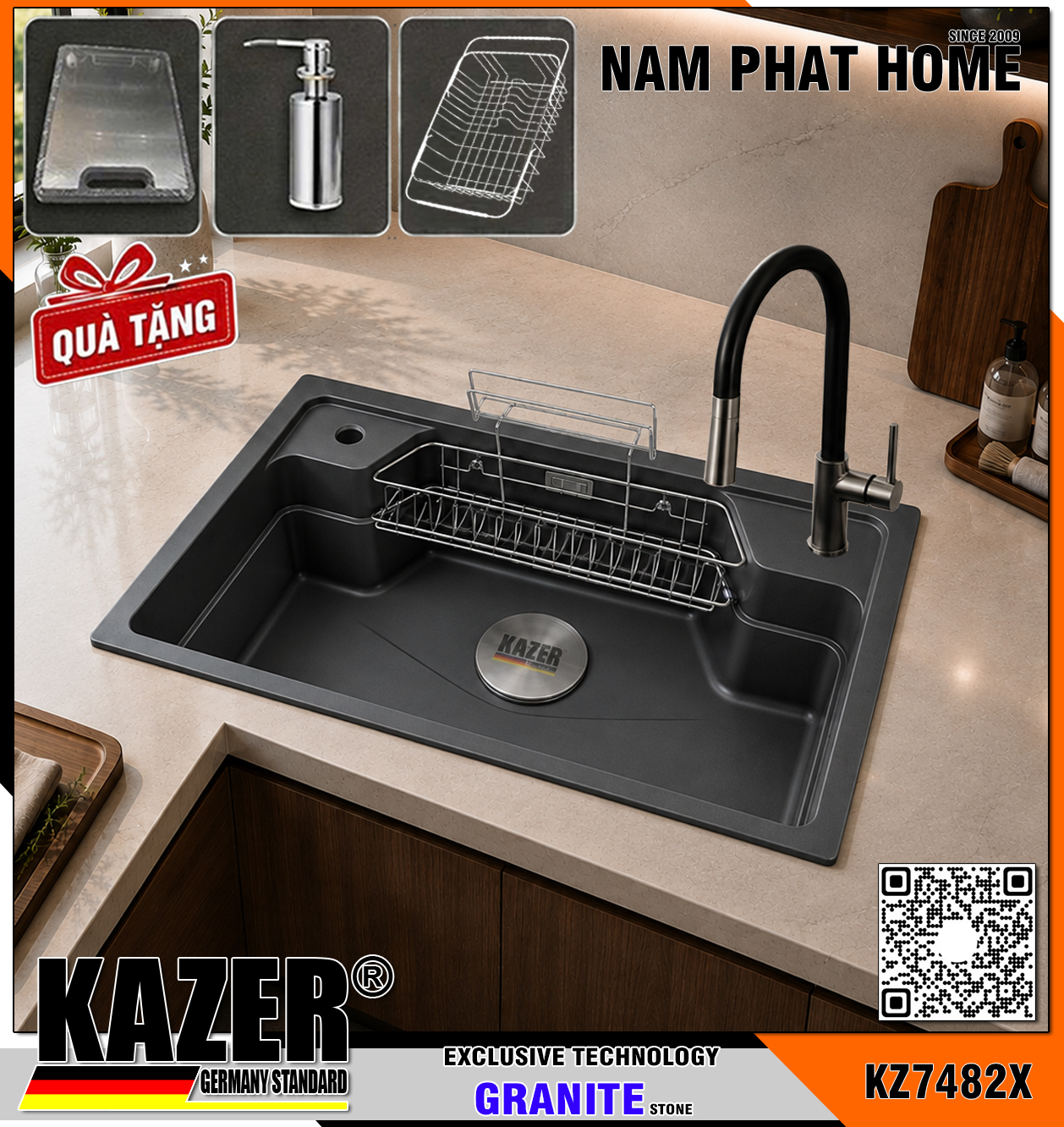 KZ7482X-8050 -  CHẬU RỬA CHÉN ĐÁ GRANITE 1 HỘC, MÀU XÁM