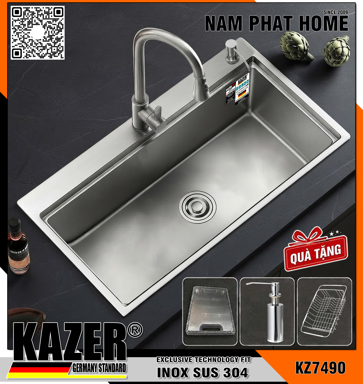 KZ7490-10050 - Chậu Rửa Chén INOX 304 DẦY 4mm KAZER , CHẬU CHUYÊN LẮP ÂM, THÀNH CHẬU GIẬT CẤP - SIZE 1000x500mm