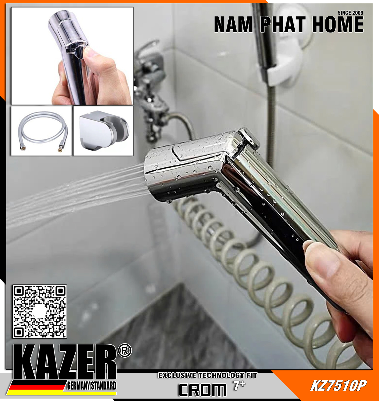 KZ7510P – VÒI XỊT VỆ SINH CAO CẤP, DÂY CARBON CHỊU ÁP LỰC CAO  ĐẦU XỊT MẠ CROM 7+