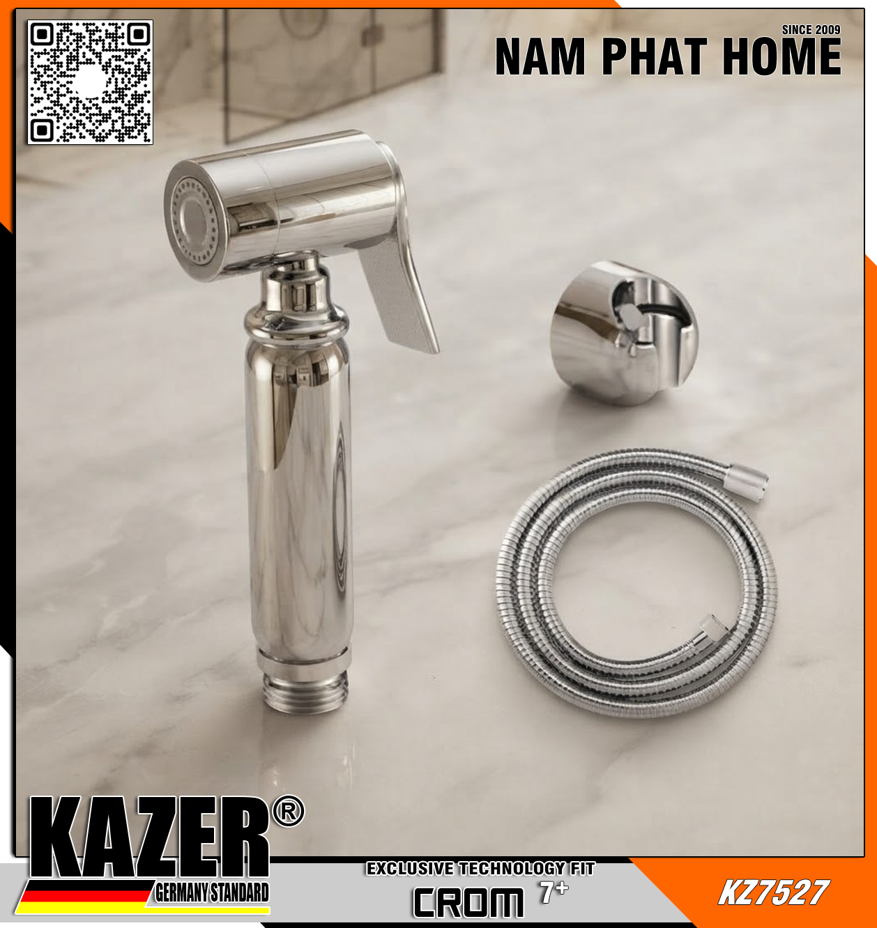 KZ7527 – VÒI XỊT VỆ SINH CAO CẤP ĐỒNG THAU MẠ CROM 7+ KAZER GERMANY