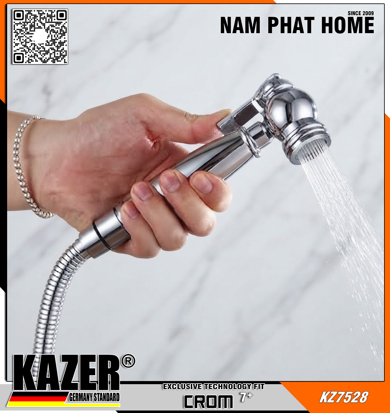 KZ7528 – VÒI XỊT VỆ SINH CAO CẤP ĐỒNG THAU MẠ CROM 7+ KAZER GERMANY