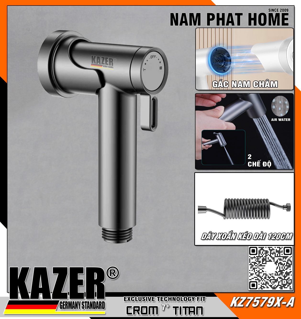 KZ7579X-A – VÒI XỊT VỆ SINH CAO CẤP, DÂY XOẮN 2 TÁN ĐỒNG MẠ  XÁM TITAN