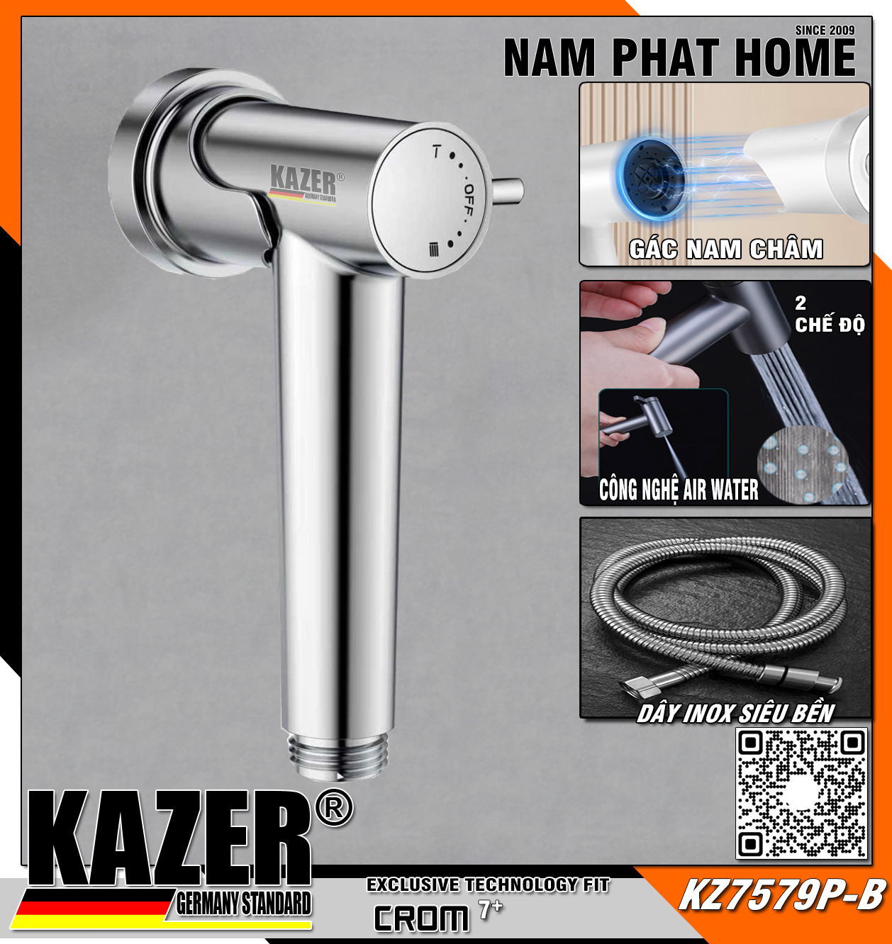 KZ7579P-B– VÒI XỊT VỆ SINH CAO CẤP, DÂY INOX 304  MẠ CROME 7 LỚP  CHỐNG XOẮN DÂY