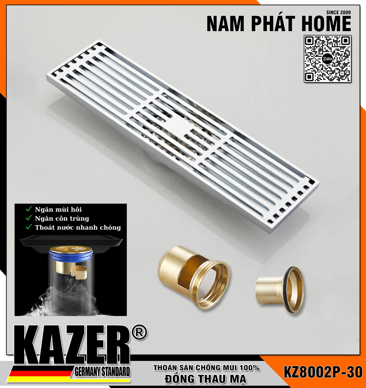 KZ8002P-30 - THOÁT SÀN SỌC DÀI MÀU CROM BÓNG, KT 80x300mm, ĐUÔI ĐỒNG CHỐNG TRÀO NGƯỢC, CHỐNG MÙI HÔI 100%