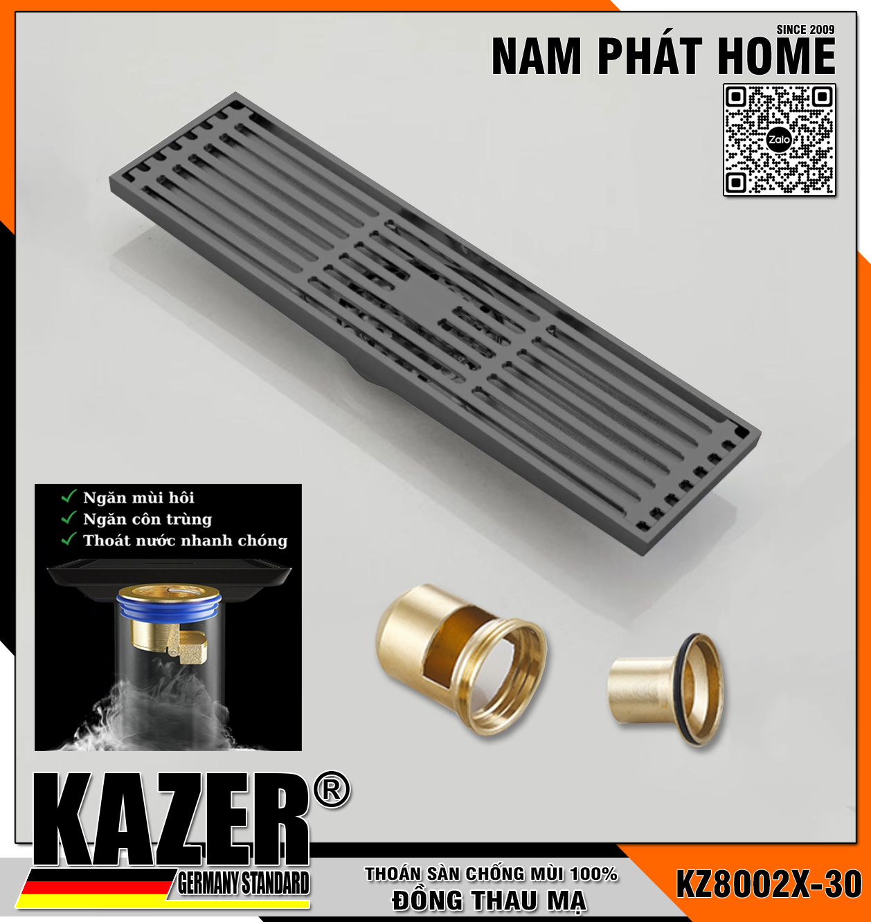 KZ8002X-30 - THOÁT SÀN SỌC DÀI MÀU XÁM TITAN, KT 80x300mm, ĐUÔI ĐỒNG CHỐNG TRÀO NGƯỢC, CHỐNG MÙI HÔI 100%