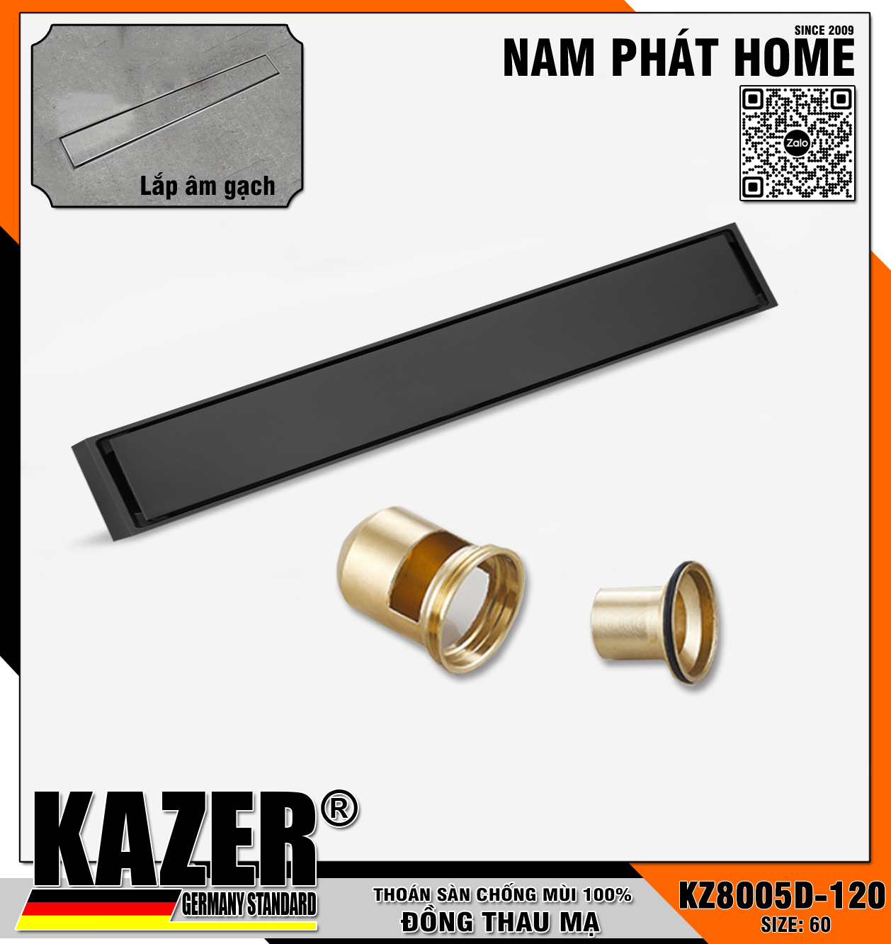 KZ8005D-120 -THOÁT SÀN ĐỒNG THAU ĐÚC LIỀN KHỐI, MÀU ĐEN , CHỐNG THẤM, CHỐNG MÙI HÔI 100% , ĐUÔI ĐỒNG, MẪU THANH DÀI , 800x1200mm