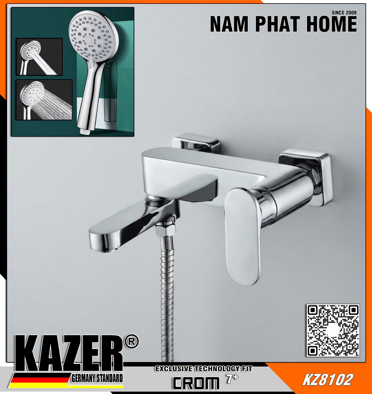 KZ8102 – VÒI SEN TẮM NÓNG LẠNH  ĐỒNG THAU MẠ CROM 7+ KAZER