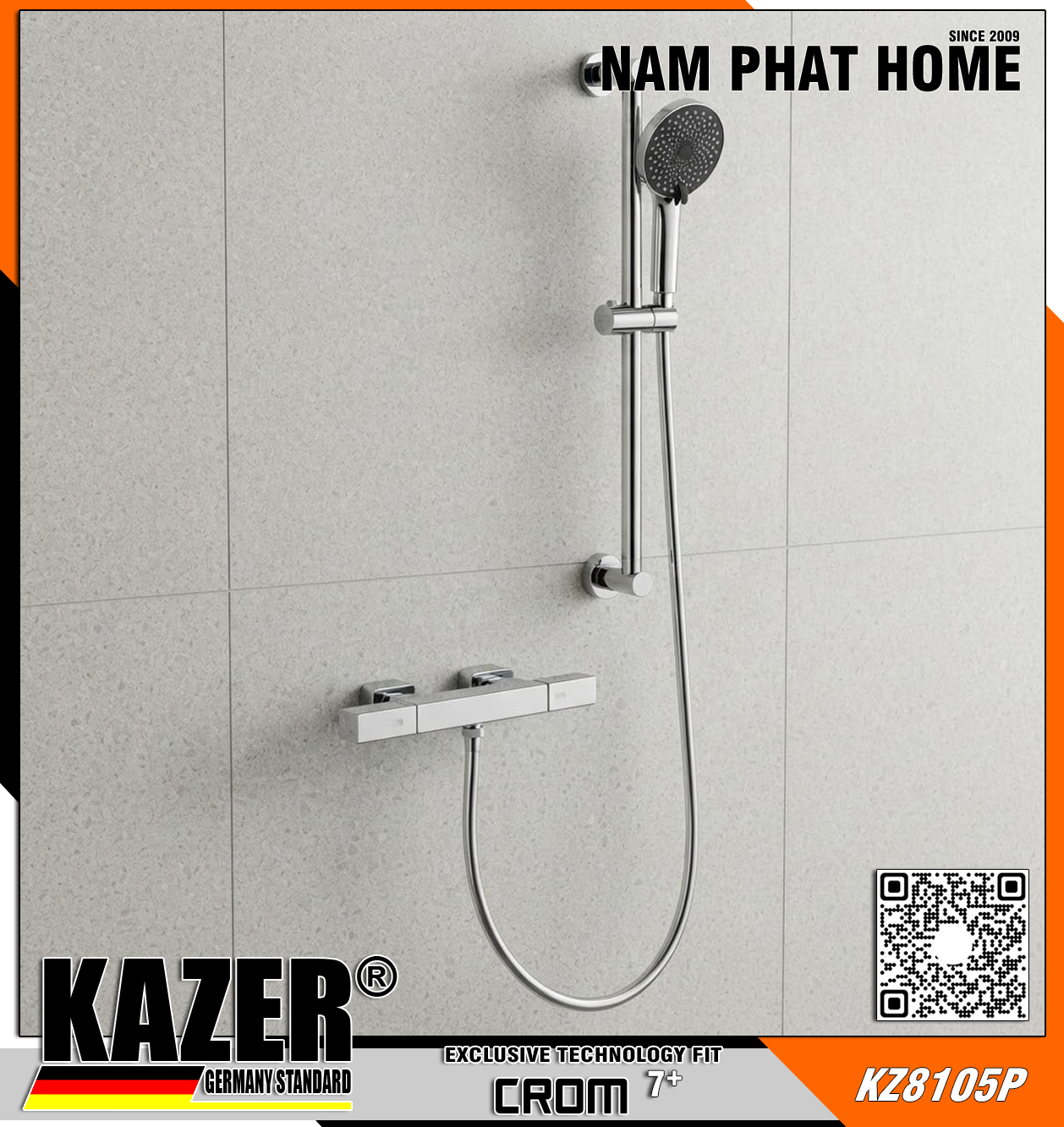 KZ8105P – VÒI SEN TẮM NÓNG LẠNH  ĐỒNG THAU MẠ CROM 7+ KAZER