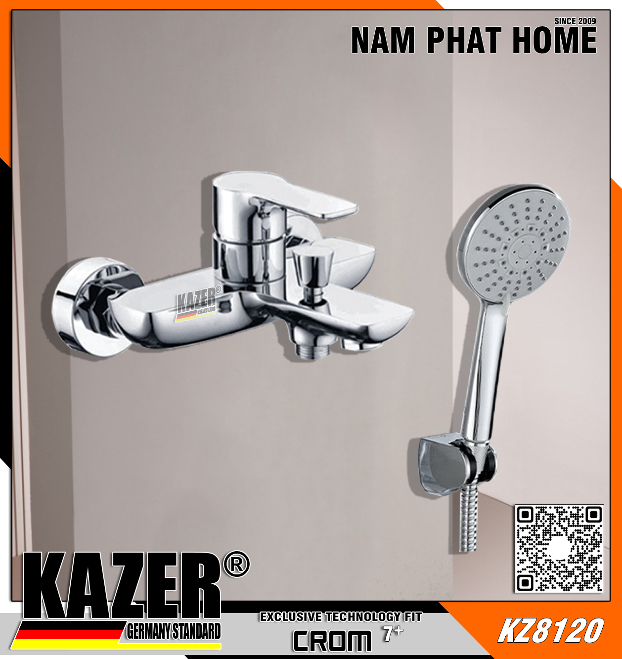 KZ8120 – VÒI SEN TẮM NÓNG LẠNH  ĐỒNG THAU MẠ CROM 7+ KAZER