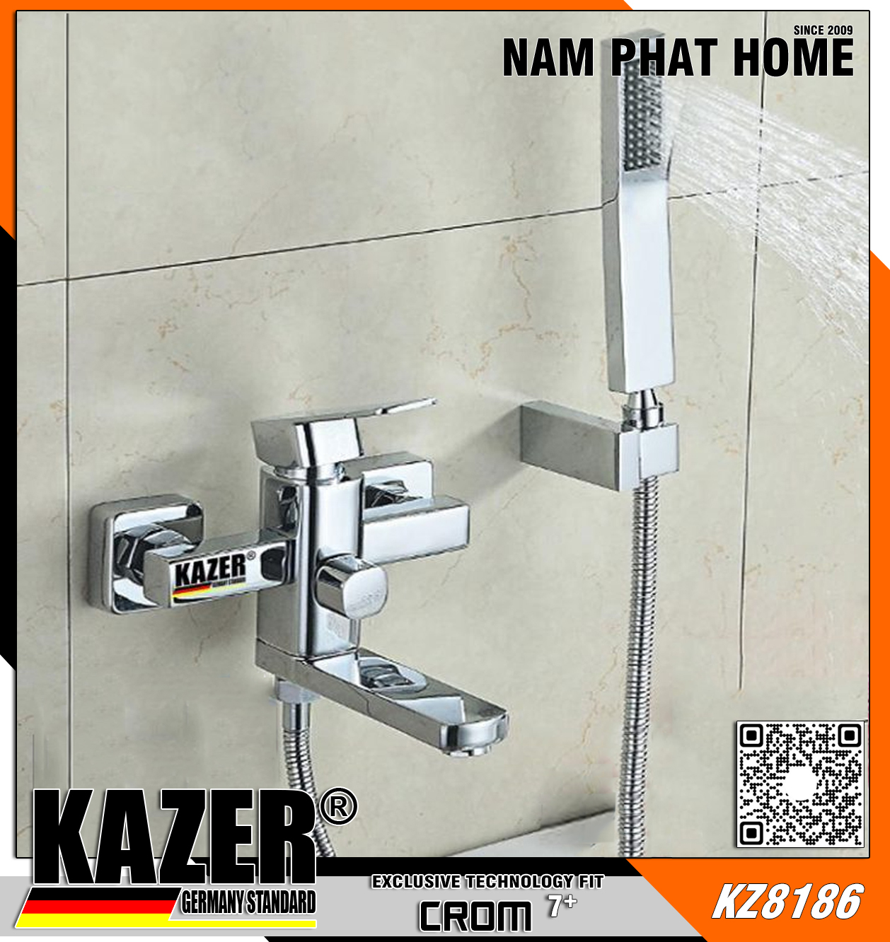 KZ8186 – VÒI SEN TẮM NÓNG LẠNH  ĐỒNG THAU MẠ CROM 7+ KAZER