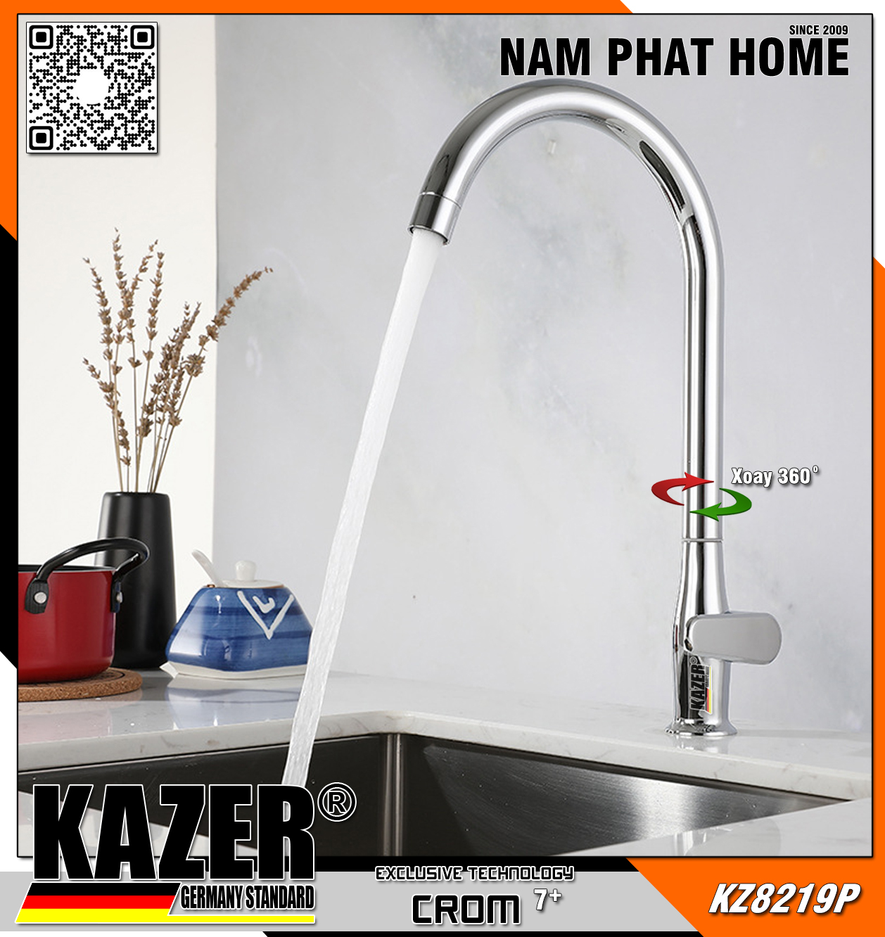 KZ8219P – VÒI CHÉN LẠNH ĐỒNG THAU NHẬP KHẨU KAZER – MẠ CROM 7+ 