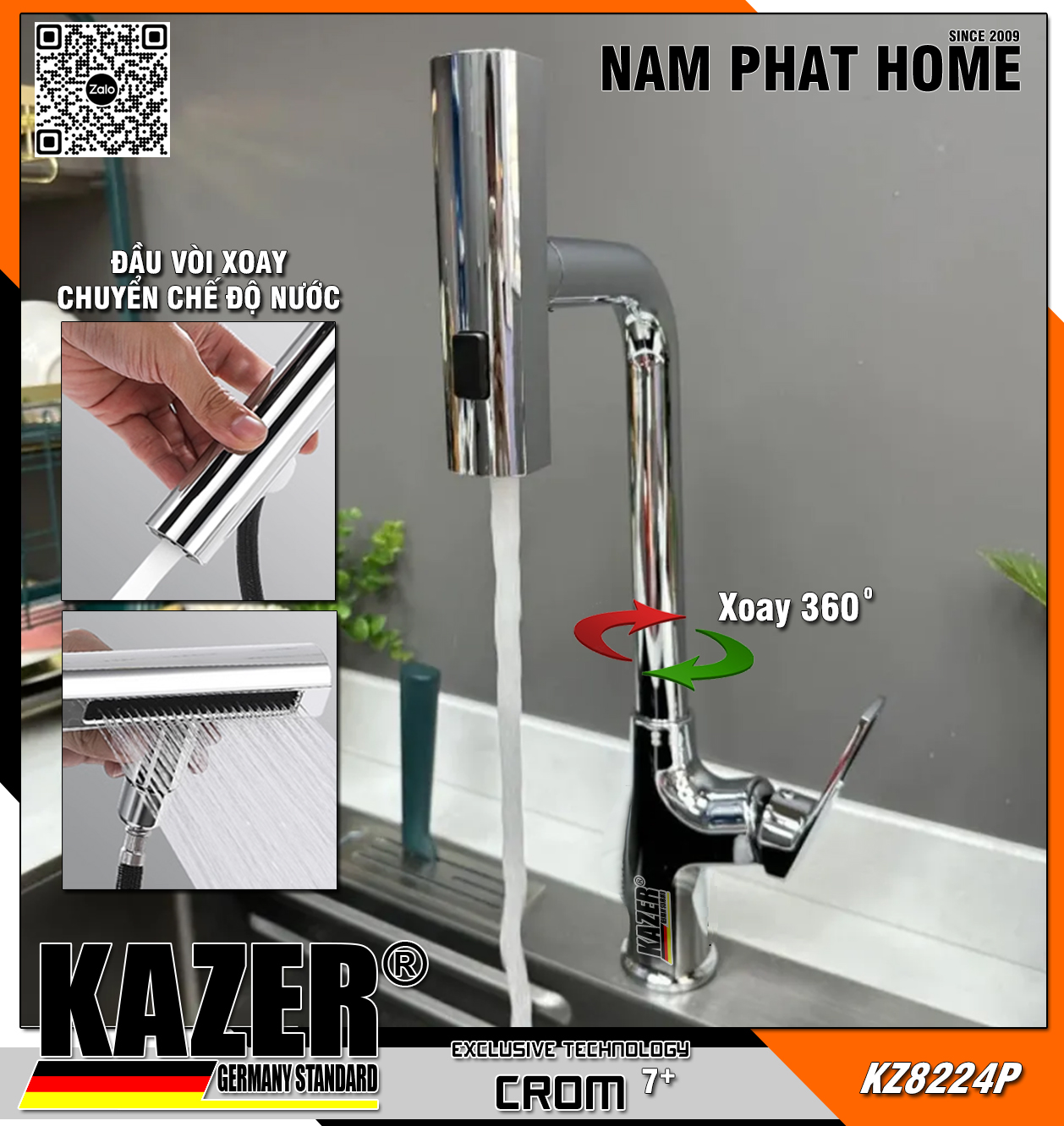 KZ8224P – VÒI RỬA CHÉN LẠNH KAZER MẠ CROM 7+ , ĐẦU XOAY 3 CHỨC NĂNG