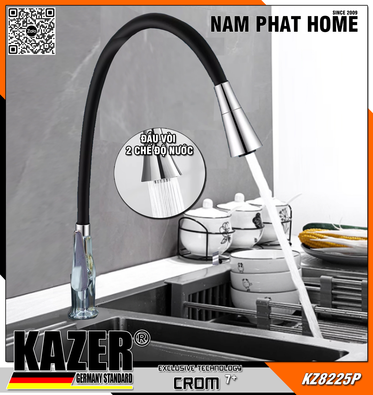 KZ8225D – VÒI CHÉN LẠNH ĐỒNG THAU ỐNG MỀM NHẬP KHẨU KAZER – MẠ CROM 7+ , ĐẦU VÒI 2 CHỨC NĂNG