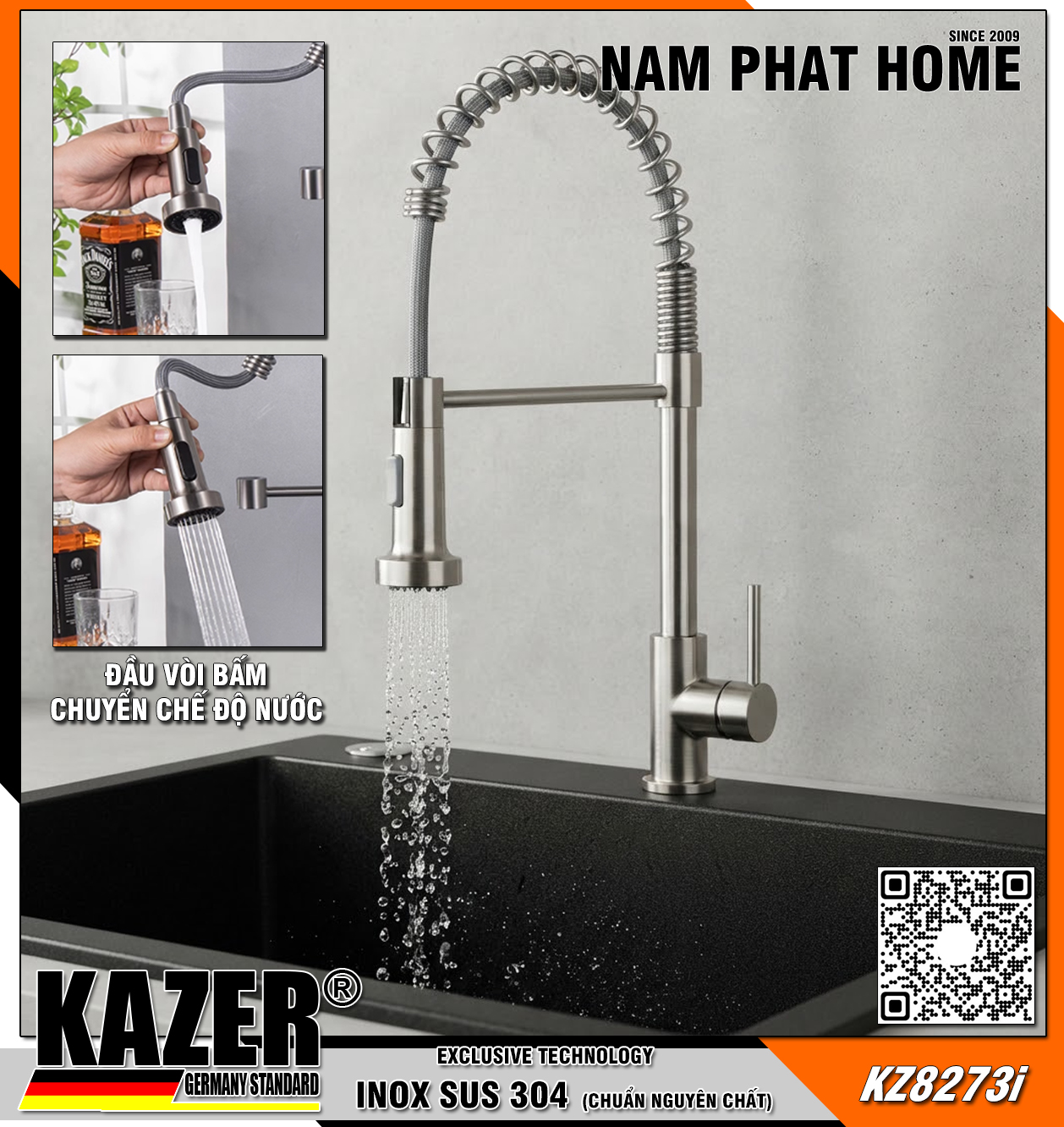 KZ8273I – VÒI RỬA CHÉN LẠNH LÒ XO DÂY RÚT, INOX 304 CHUẨN NGUYÊN CHẤT KAZER GERMANY