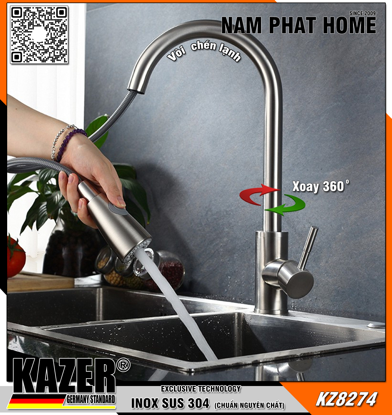 KZ8274, Vòi rửa chén rút dây, inox 304 , 1 đường nước lạnh