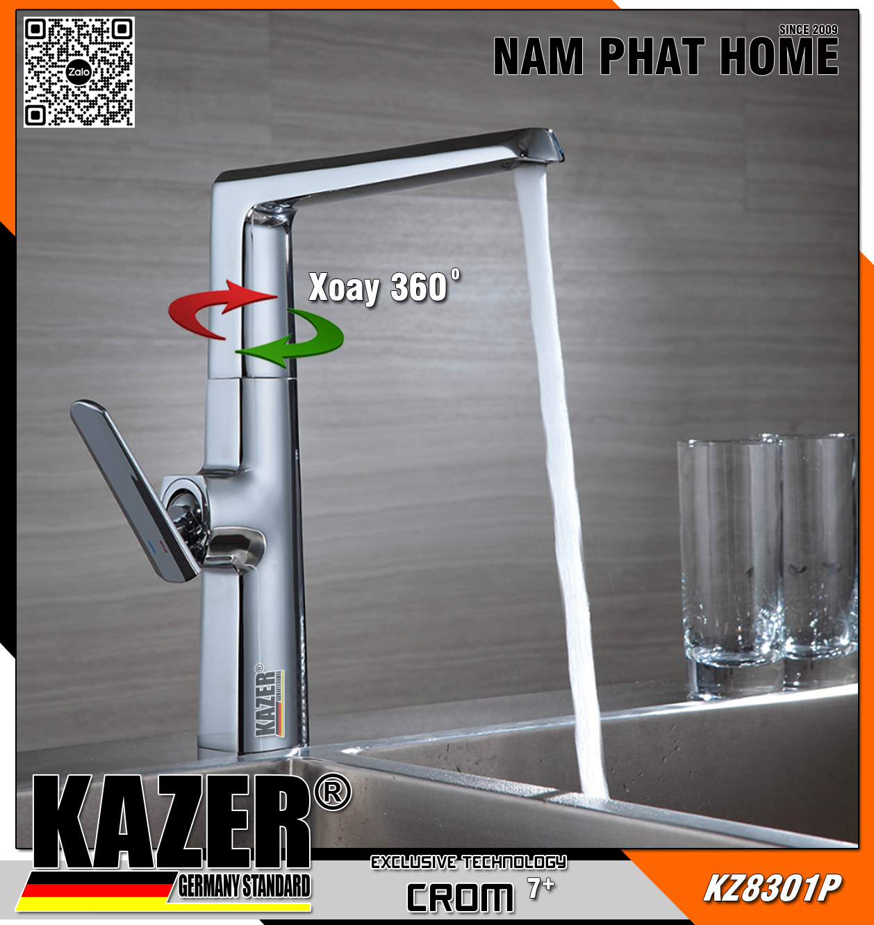 KZ8301P - VÒI RỬA CHÉN NÓNG LẠNH ĐỒNG THAU KAZER GERMANY, MẠ CROM 7+