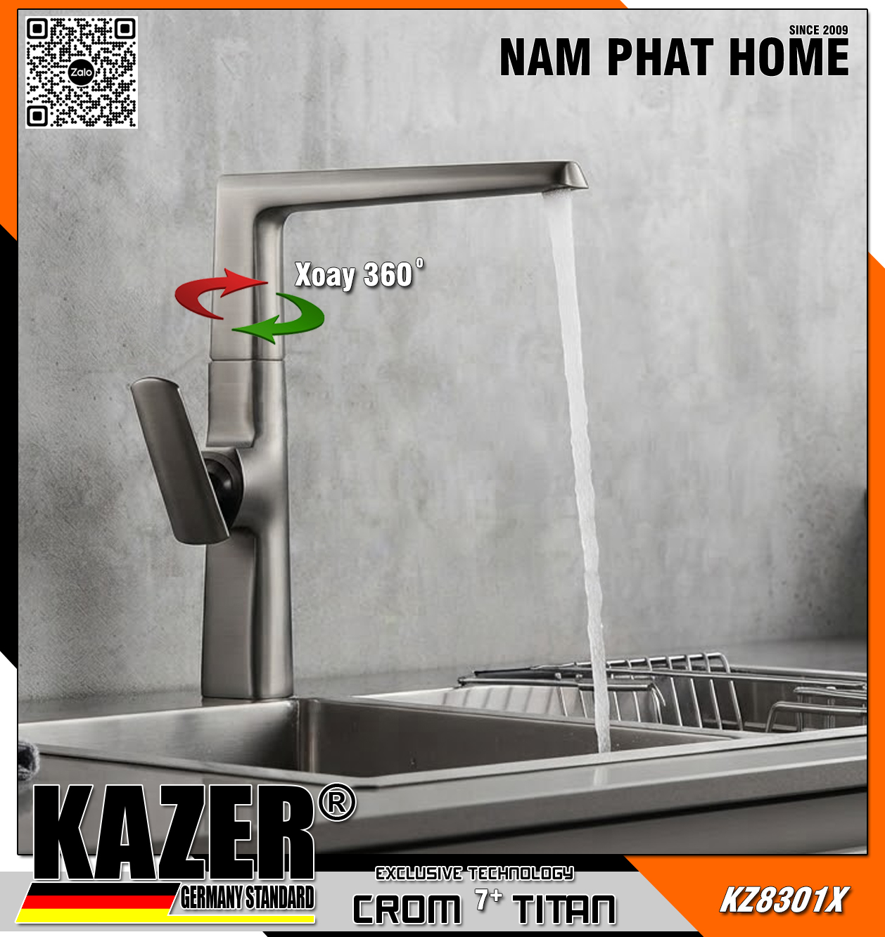 KZ8301X -  VÒI RỬA CHÉN NÓNG LẠNH ĐỒNG THAU KAZER GERMANY, MẠ CROM 7+ TITAN