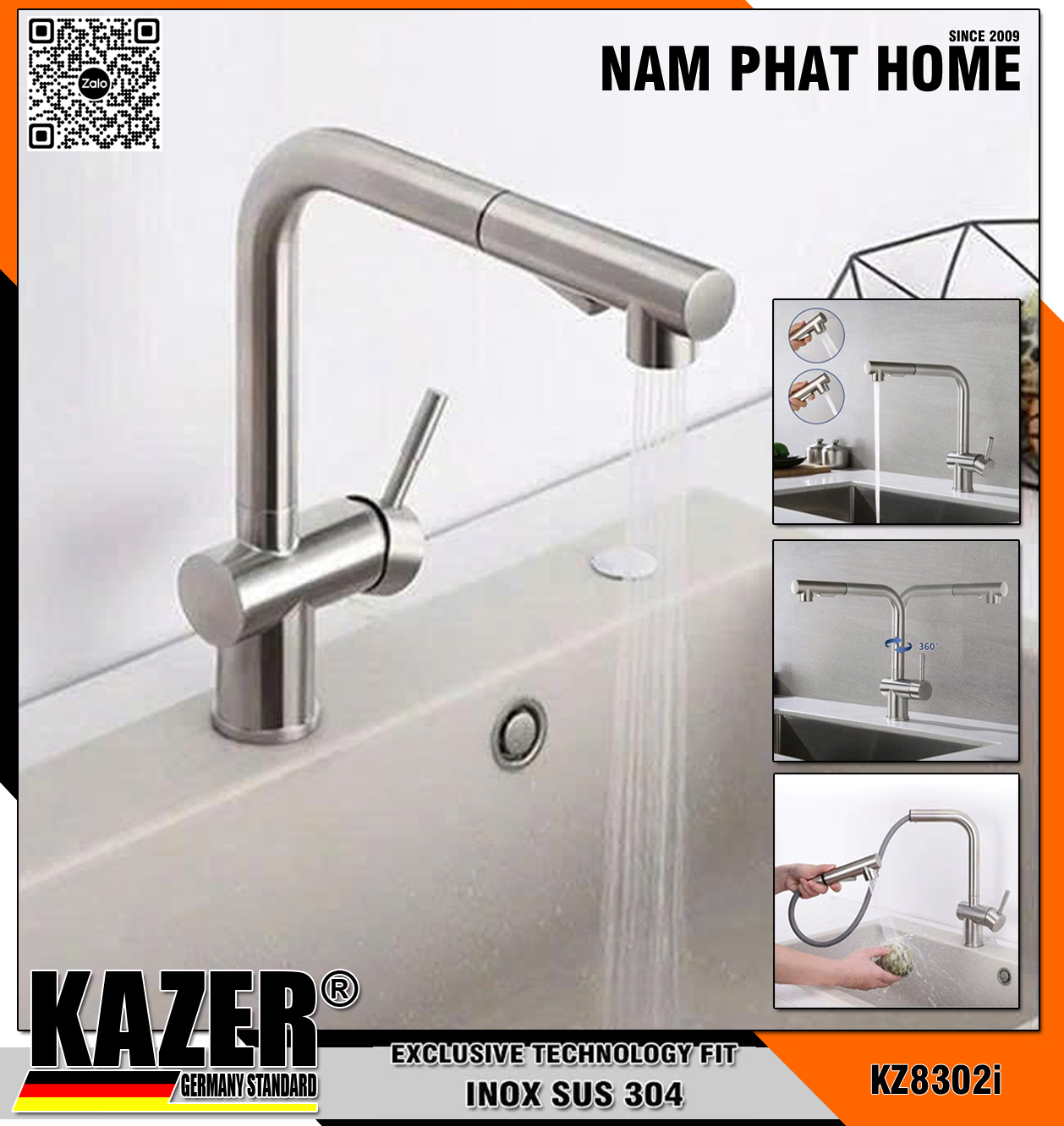 KZ8302i - VÒI RỬA CHÉN NÓNG LẠNH MÀU INOX KAZER GERMANY , MẪU DÂY RÚT